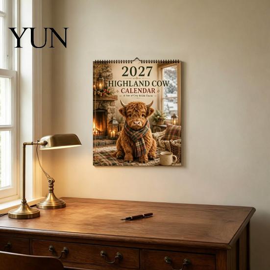 Yearly Plan for Professional Use 2027 Highland Cow Seasons Calendar, 12-Month Desk Planner with Cute Art, Stationery Daily Tasks Thick Paper Organizer