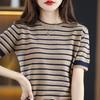 Summer Women Vintage Striped T-Shirt All-match Hollow Out Fashion Short Sleeve Top O-Neck Loose Casual Knitted Pullover Tops