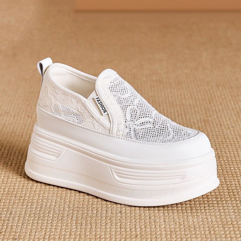 Кружевные Цветочные Женские Спортивные Кроссовки на Толстой Подошве с Сетчатой Поверхностью Летний Стиль Дышащие Повседневные Обувь для Увеличения Роста