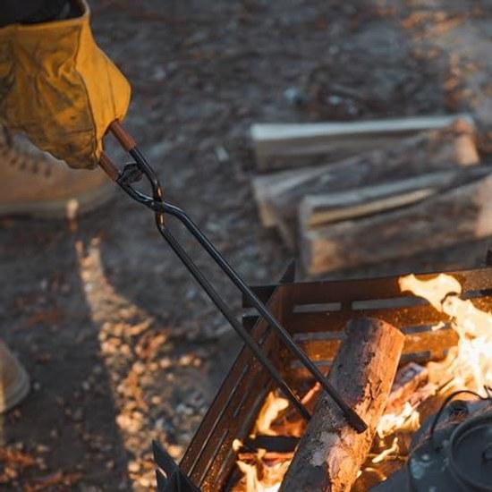 Perfk Campfire Tongs Firewood Carbon Clamp Charcoal Fireplace Steel Fire Outdoor 17 Inch Camping Tool Storage Cover