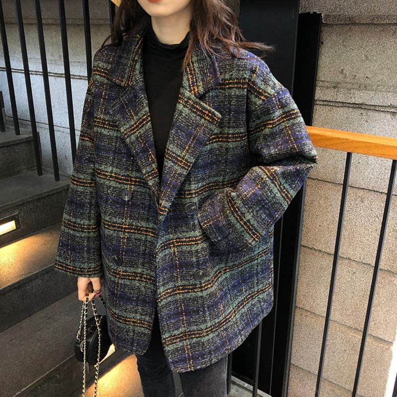 Autumn Warm Thicken Women's Vintage Woolen Plaid Coat for Winter
