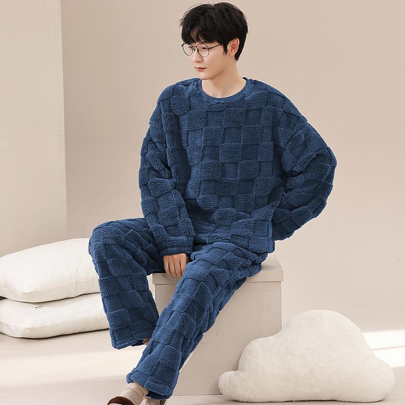 Autumn and Winter Flannel Pajamas Men's Thicken Coral Fleece Youth Student Warm Korean Pijamas Casual Loungewear