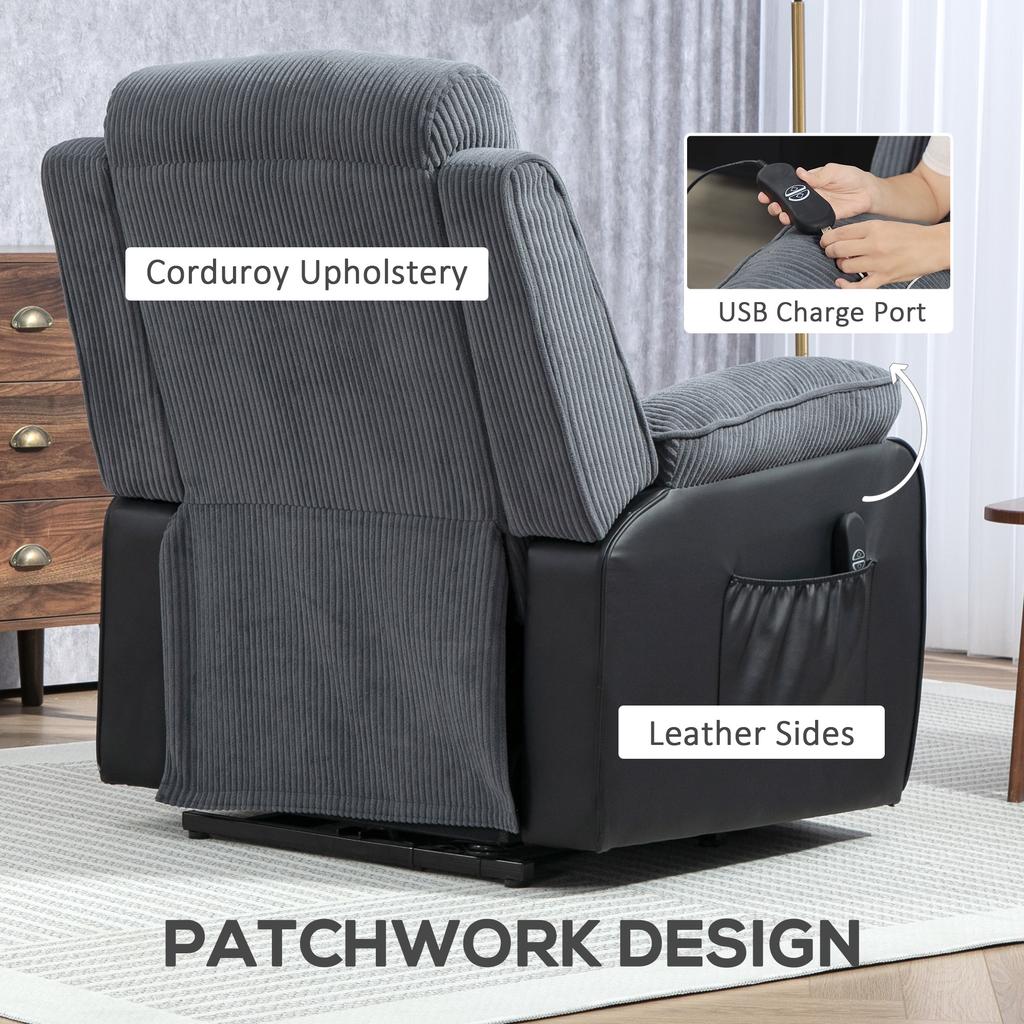 Overstuffed Corduroy Electric Lift Recliner Chair - Dark Grey