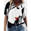 Women's V-Neck Short Sleeve Line Beauty Printed Tops Loose T-Shirt Casual Blouse