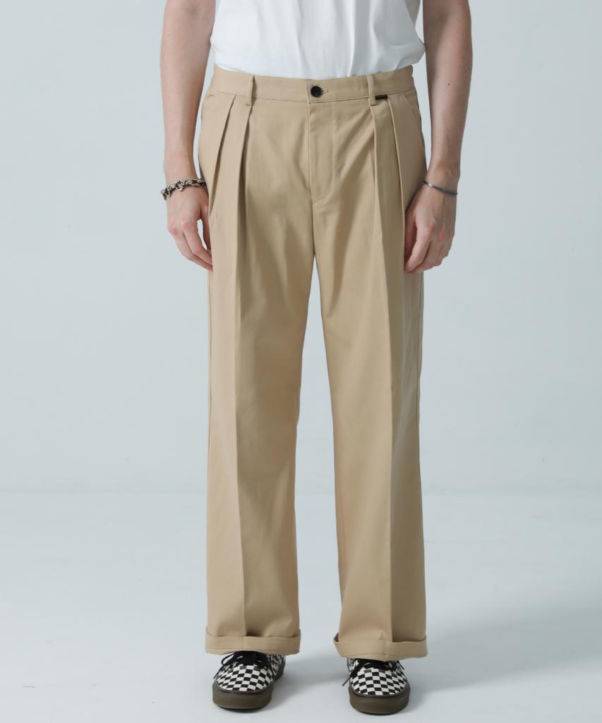 STAGE NAME Reverse Double-Pleated Elastic Wide Cotton Chino Pants_Beige