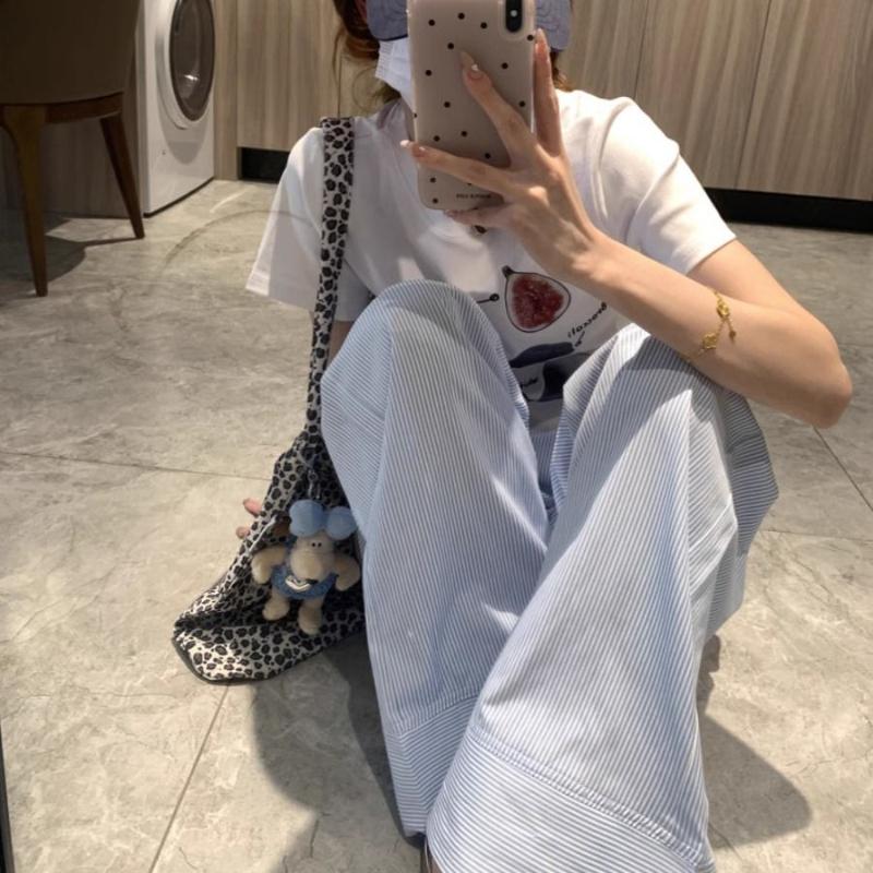 Женские летние тонкие синие брюки для отдыха с широкими штанинами в вертикальную полоску - Свободные повседневные охлаждающие брюки на кулиске для ходьбы