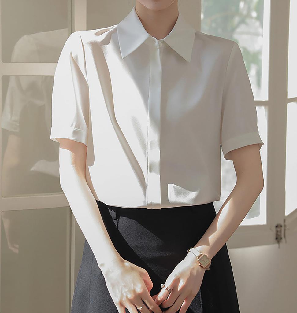 Shirt Blouse Short Sleeve Silky Dress Shirt Summer Loose Fit Large Size No Iron Washable Neat Plain Simple Body Cover Slimming Office Casual Fashion