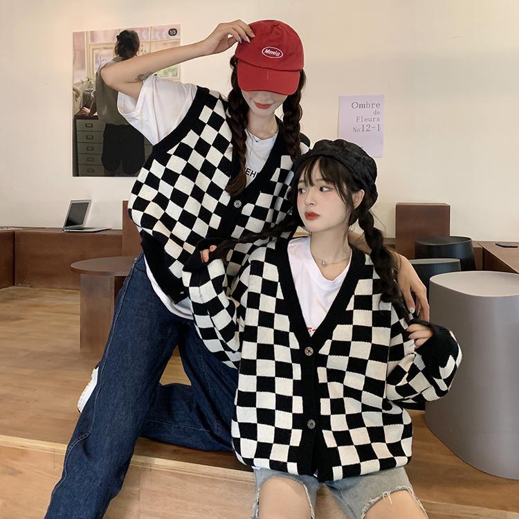 Корейский стиль, клетчатый кардиган большого размера, свитер, женский винтажный вязаный жакет в клетку, модный джемпер с длинными рукавами, женский