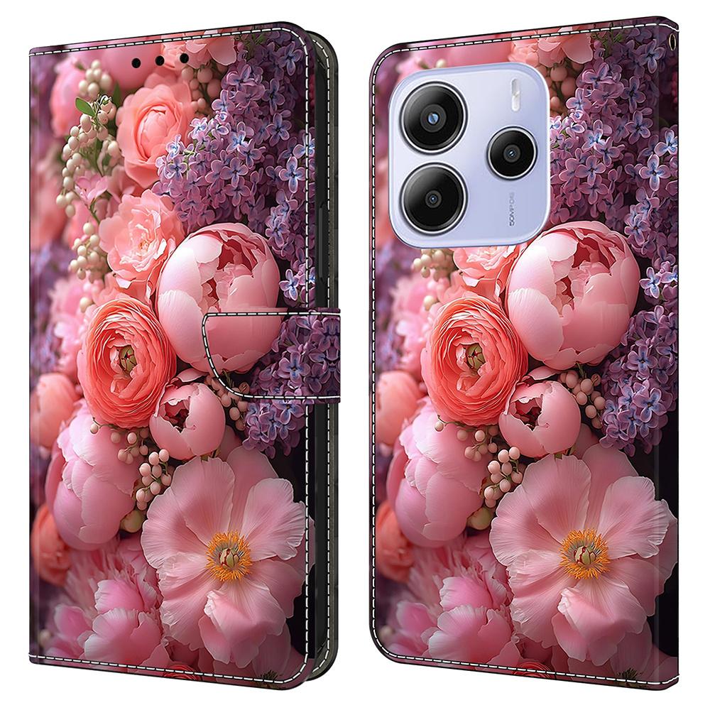 Для Xiaomi Redmi Note 14 4G (164,84мм) Кожаный чехол с принтом, кошелек-подставка, откидная крышка для телефона