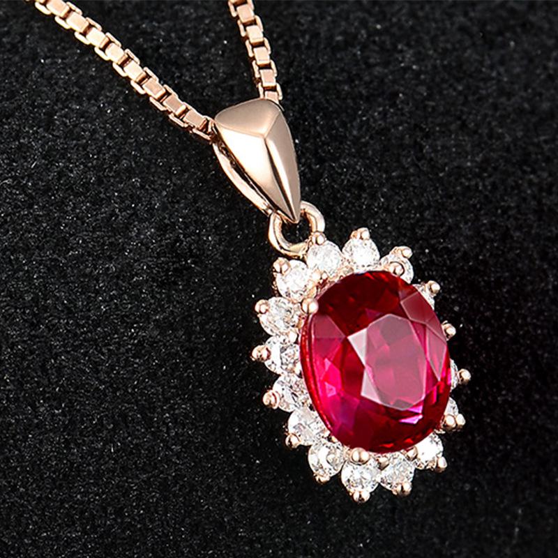 Sunflower Pendant Necklace with Pigeon Blood Ruby and Simulated 18K Gold Diamond On Rose Gold Clavicle Chain