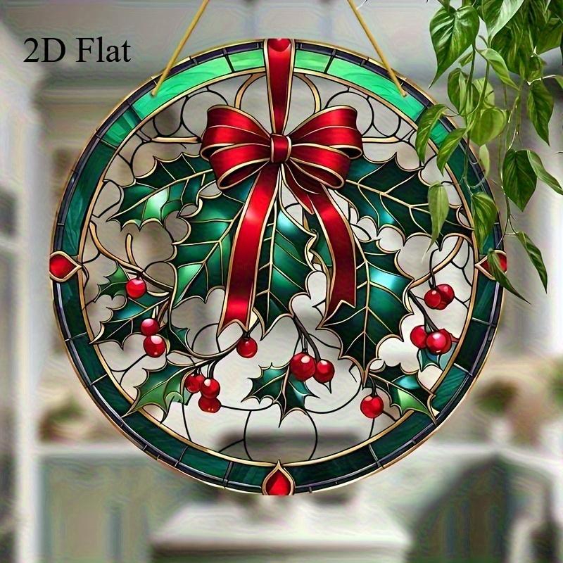 2D Flat Printing On Acrylic. 2D Flat Christmas Holly And Ivy Sun Catcher - 2D Flat Acrylic Window Hanging, Festive Red Bow Design, Suitable For Home