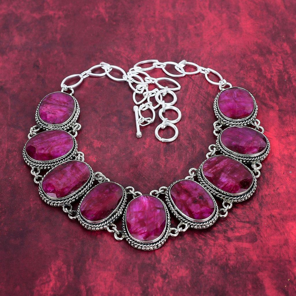 Kashmiri Red Ruby Gemstone Jewelry, 925 Solid Sterling Silver Bracelet& Necklace Jewelry Set, Handmade Pretty Jewelry Set For Women