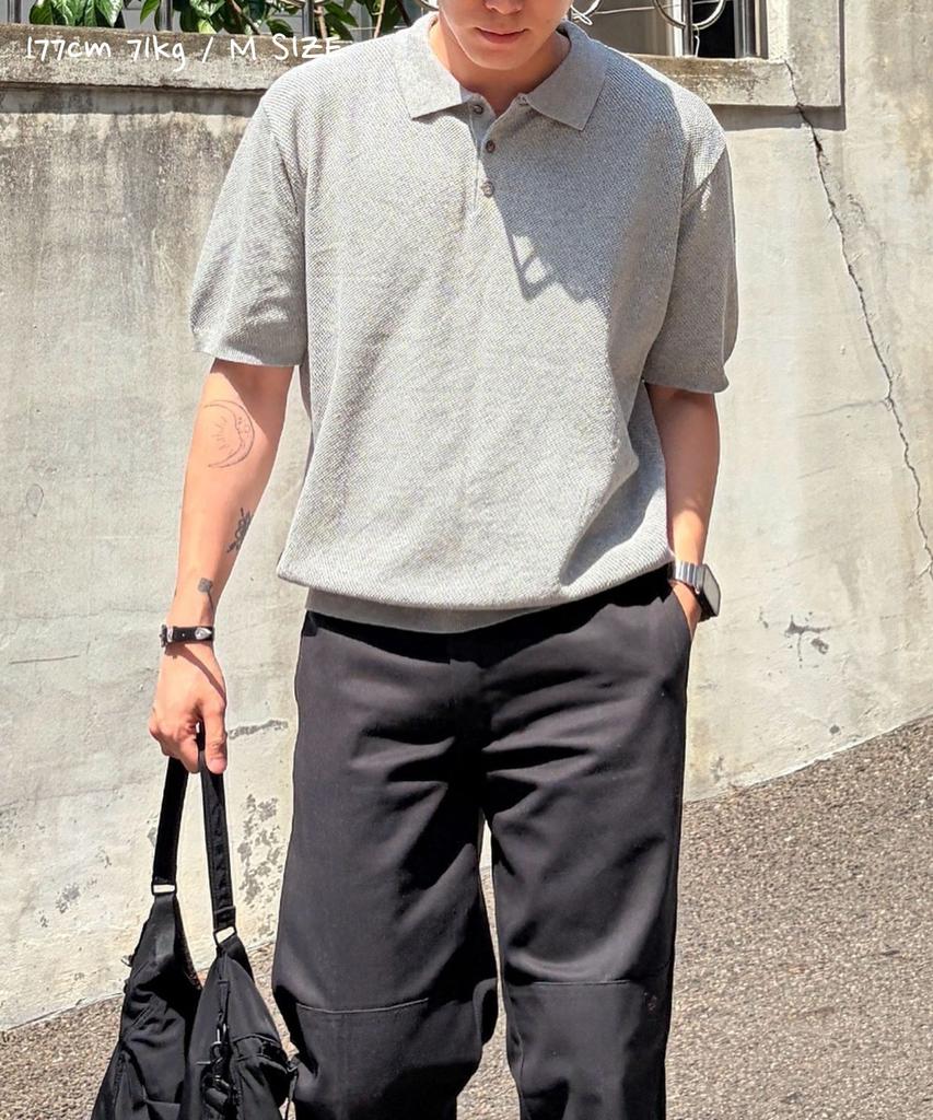 CUZNELLO Cool Cotton Collared Short Sleeve Knit_Gray