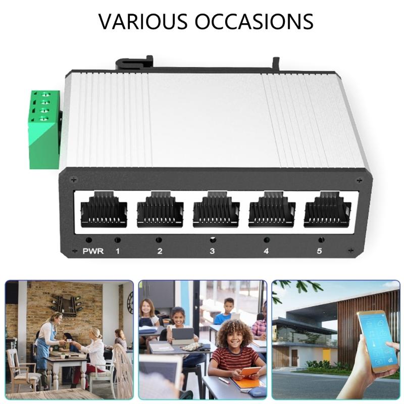 Aluminum Alloy Industrial 5 Port Gigabit Switches Rail Mounting Wide Temperature Ranges No Adapter Included