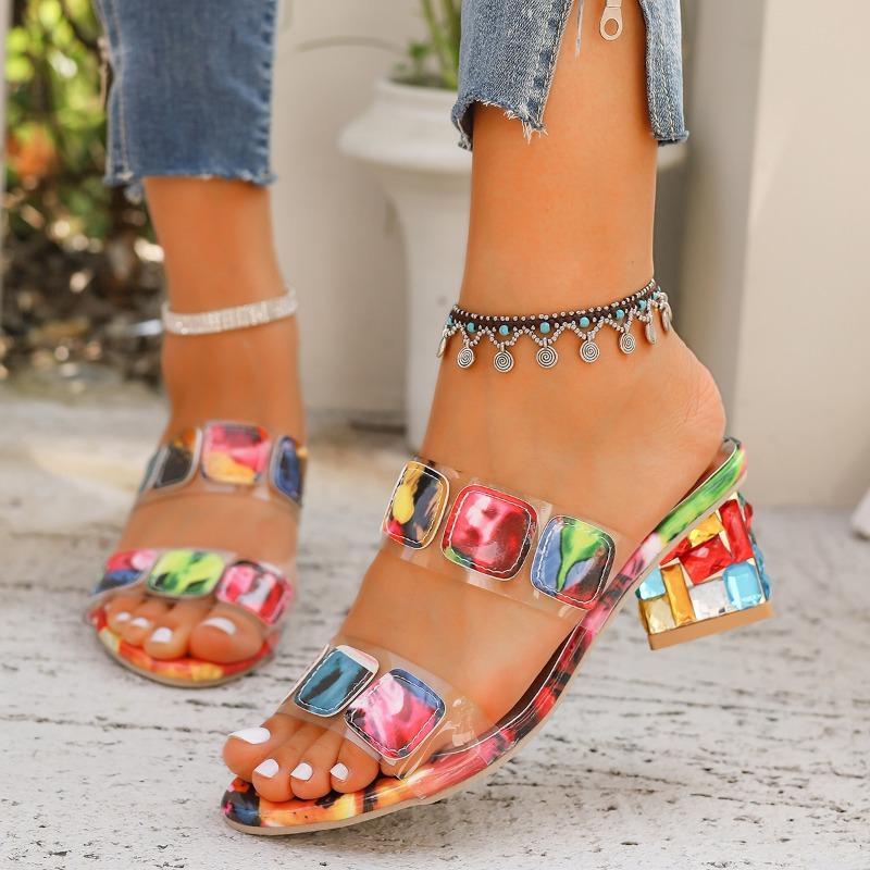 Модная обувь для женщин 2024 года, модные женские тапочки, летние разноцветные туфли с открытым носком и толстым каблуком, большой размер 43, пляжные тапочки для женщин