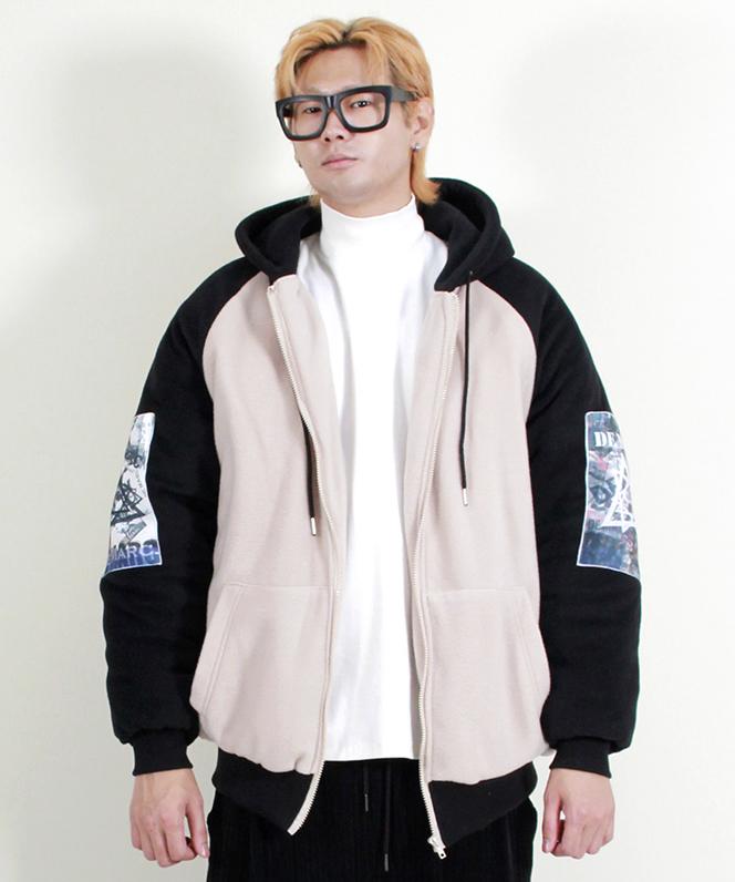 Demarc Oversized Color Block Graphic Fleece Padded Hooded Jumper Black
