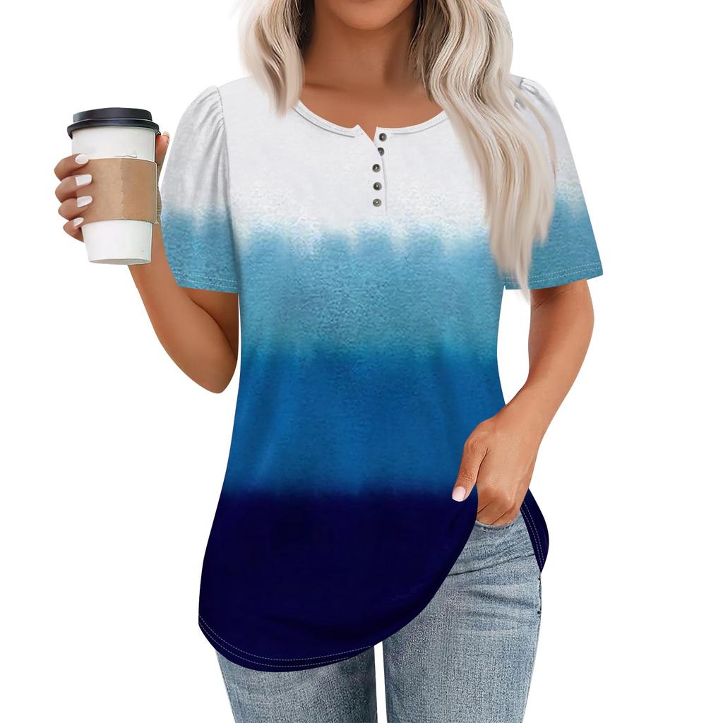 Женский модный повседневный короткий рукав пуловер с принтом на пуговицах и круглым вырезом