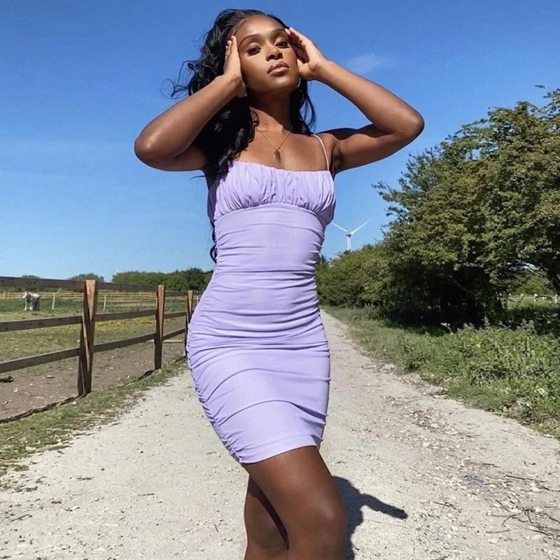 Fashion Ruched Party Dresses for Women Sling Sleeveless Purple Black Mini Dress Clubwear Slim Skinny Dress