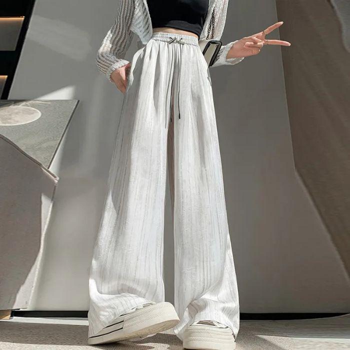 Брюки широкие из ледяного шелка, сатина с принтом тушью, летний тонкий стиль 2025, прохладный плиссированный драпированный дизайн в стиле Ямамото.