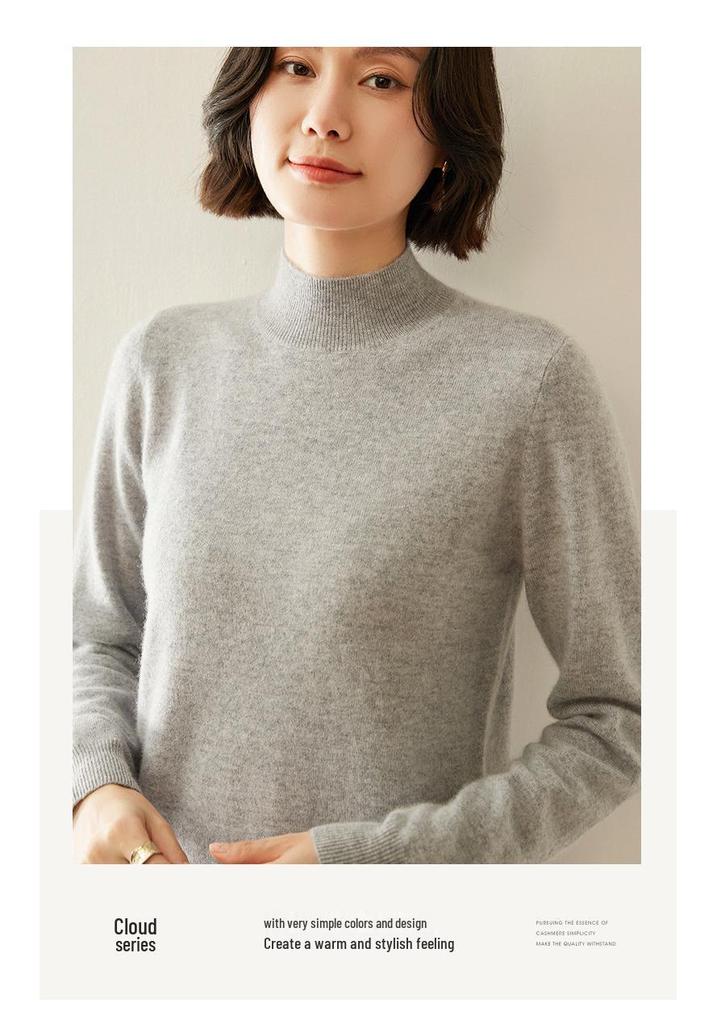 Women's Loose Fit Cashmere Half-High Neck Sweater - Soft, Classic Autumn/Winter Knit Base Layer