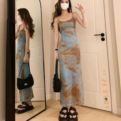 Французское сексуальное платье-комбинация с tie-dye, вырез-лодочка, летнее, облегающее талию, тонкое, в стиле Spice Girls, H-образное, длинное
