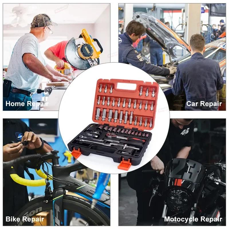 53PCs Drive Socket Set 1/4 Inch Ratchet Wrench Set with Sockets Metric Hex Bit Socket Set Mechanic Tool Kits for Auto Repair