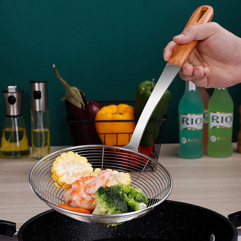 Большой дуршлаг из нержавеющей стали с деревянной ручкой, скиммер для слива масла, фильтр, сито для картофеля фри, ложка, кухонные аксессуары для дома