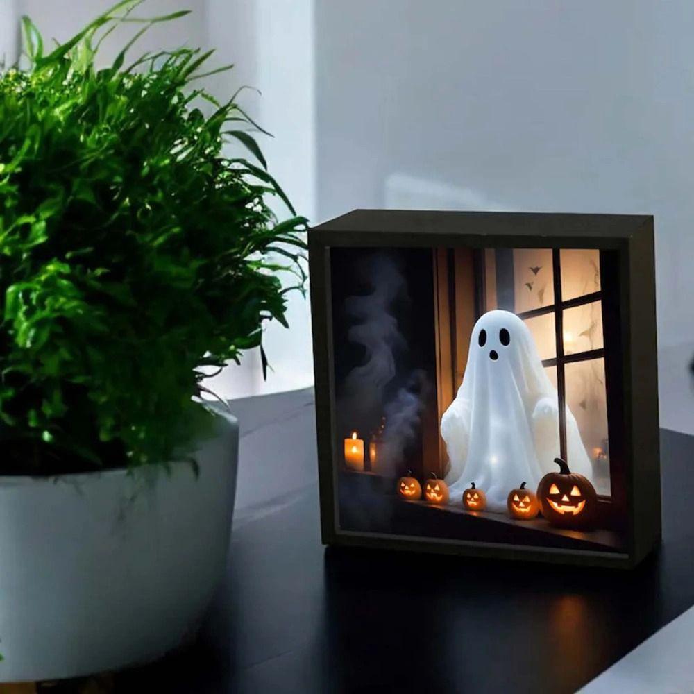 LED Halloween Night Light Wooden Ghost Painting Frame Lamp New Desktop Decor Ornaments Gifts