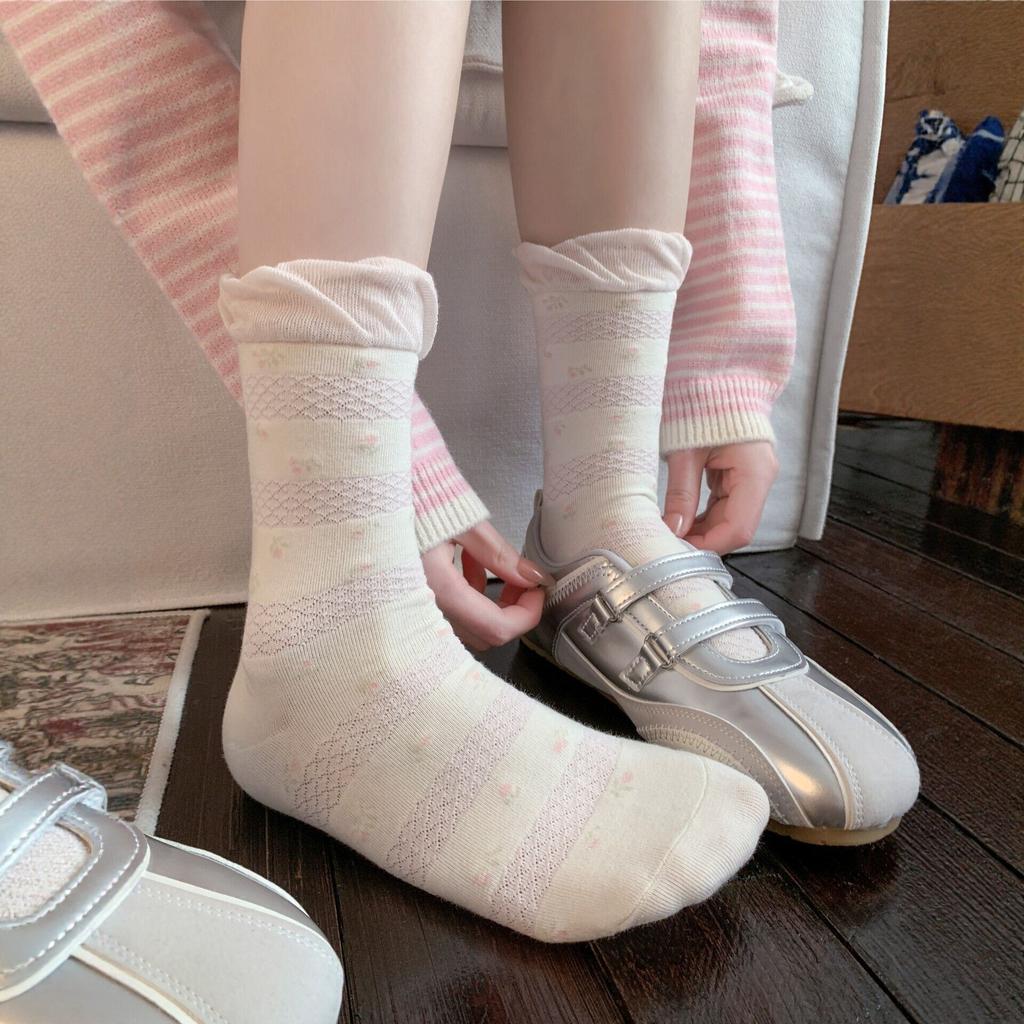 Korean Pink Sweet Floral Socks Women'S Spring And Summer Boneless Pile Socks Simple Lace Japanese Bow Tube Socks