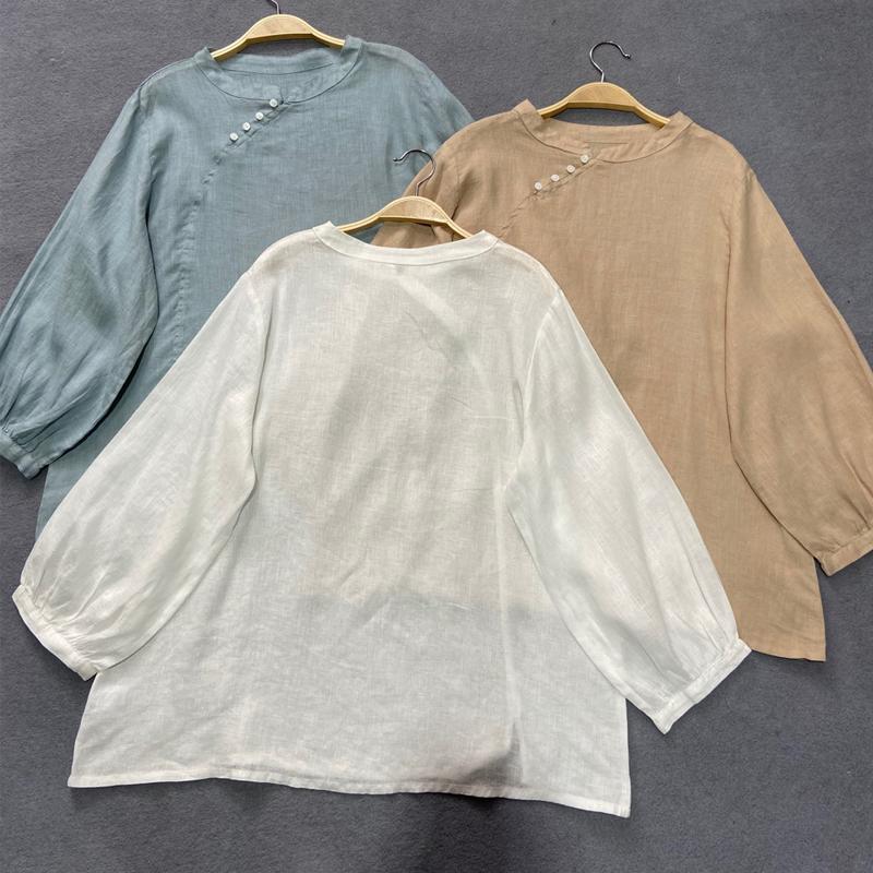 Johnature Винтажные льняные однотонные простые рубашки, летние тонкие повседневные свободные женские блузки