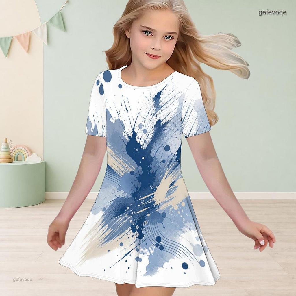 Girls Round Neck Short Sleeve Abstract Printed Blue Beige White A Line Flared Dress