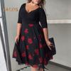 Plus Size Dress Deep V Neck A-line Double-layered Hem Mid Sleeves Flower Printing Midi Dress Prom Party Evening Dress