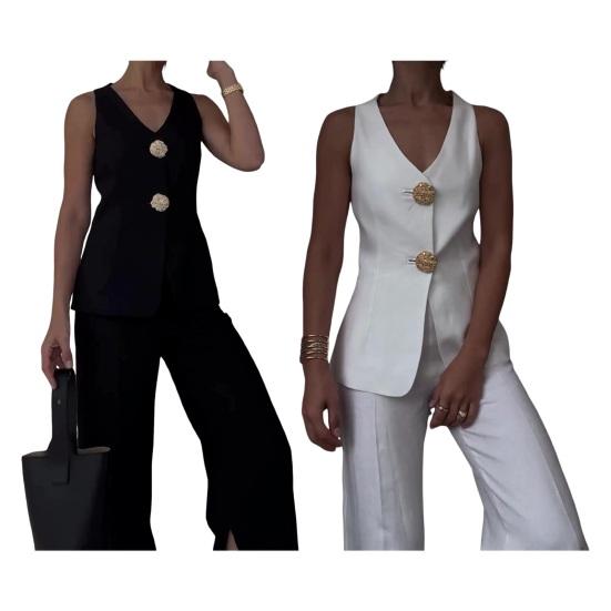 2 шт./компл. женский костюм, жилет и брюки, комплект с V-образным вырезом, жилет без рукавов с двойной застежкой на пуговицы, однотонные брюки с высокой талией, OL, деловой деловой костюм