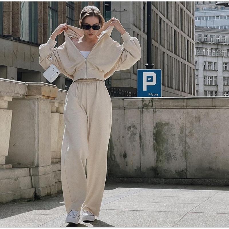 Casual Solid Color Hoodies Pants Set Women Long Sleeve Zipper Short Sweatshirt Slim Drawstring Trouser 2025 Spring Autumn New Lady Tracksuit