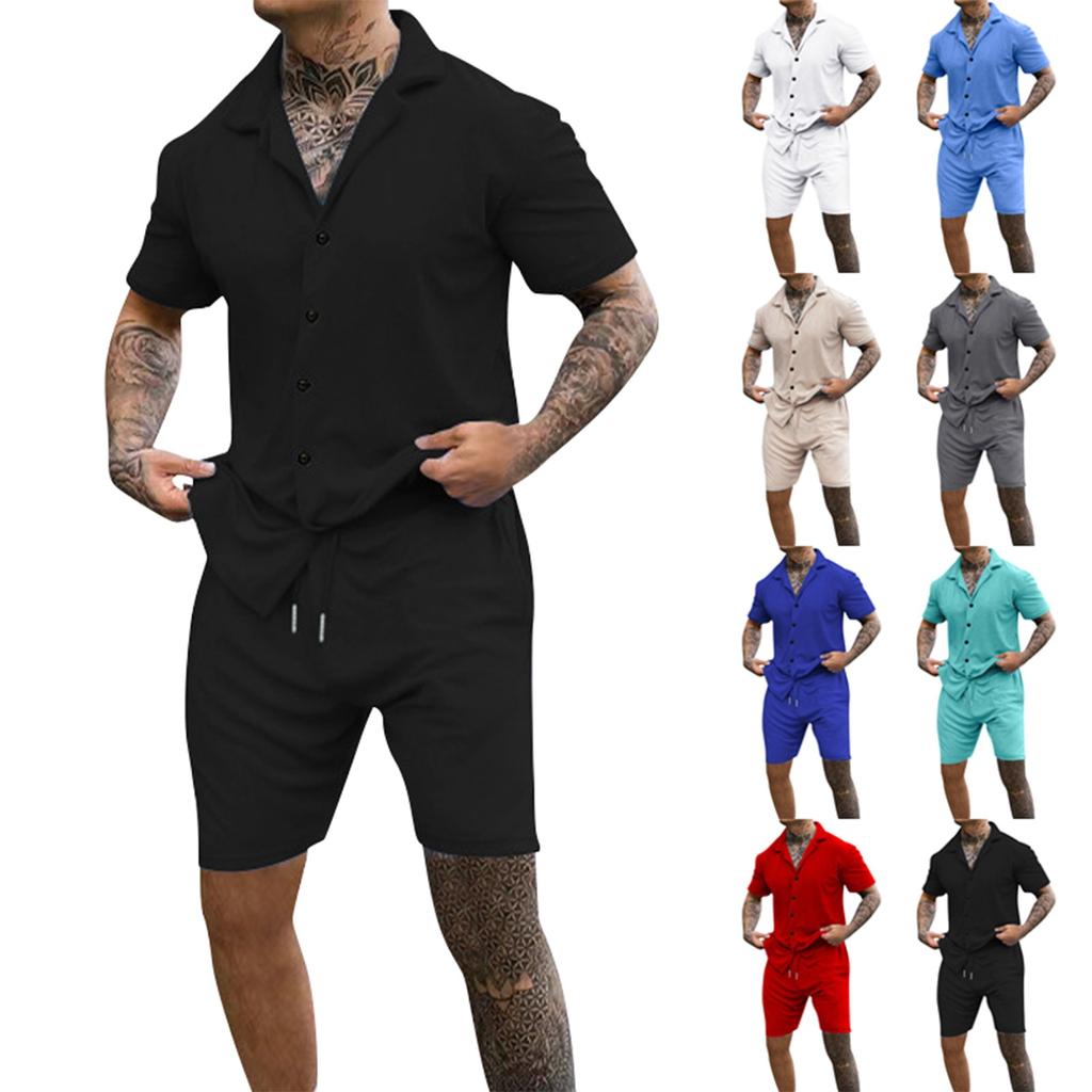 Summer Men's Solid Color Casual Suit Short Sleeved Button Shirt Loose Shorts Two-piece Set