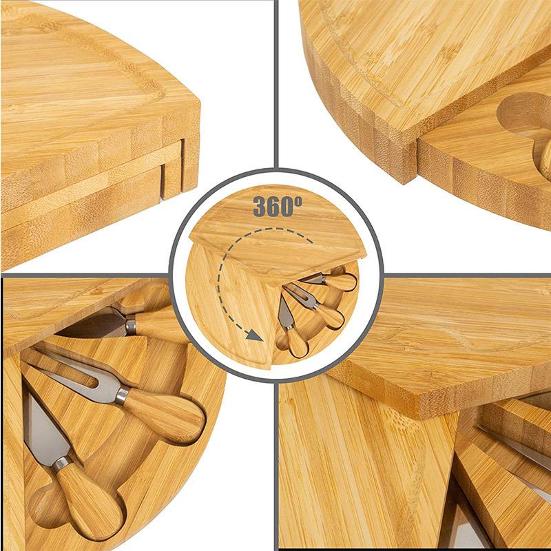 Cheese Board Knife Set 37 Cm Plate Rotating Bamboo Serving for and Appetizers Tools