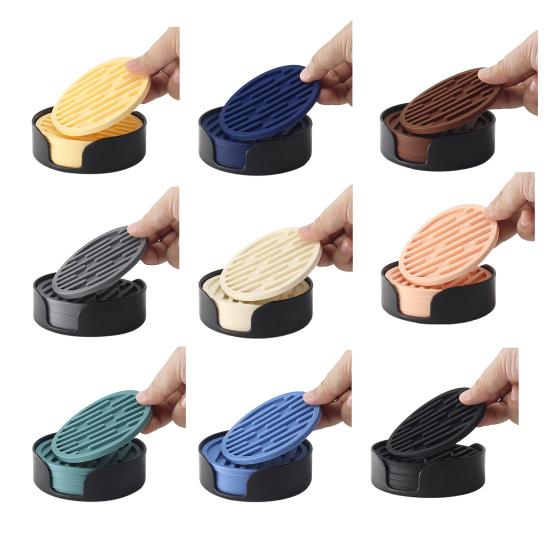 6Pcs Silicone Coasters Set with Holder Non-Slip Cup Mat Drinks Desk Home Decor Tabletop Protection Round Hot Cold Drink Coasters for Wood Glass