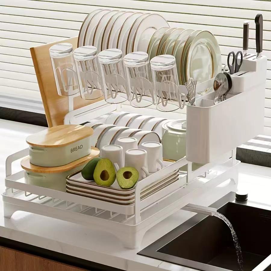 2 Tier Dish Rack with Drainboard Kitchen Dish Bowl Drainer Storage Rack Countertop Dinnerware Organizer Knife Fork Cup Holder