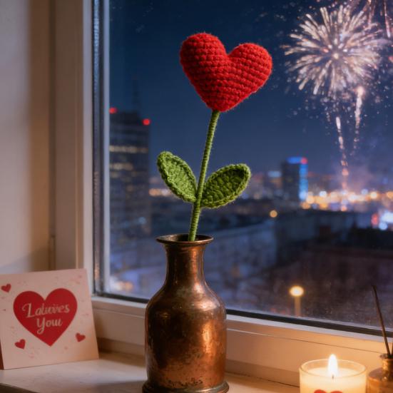 Crochet Heart Picks Handmade Knit Red Heart Bouquet with Green Leaves Valentine's Day Vase Filler for Table Centerpiece Home Decor