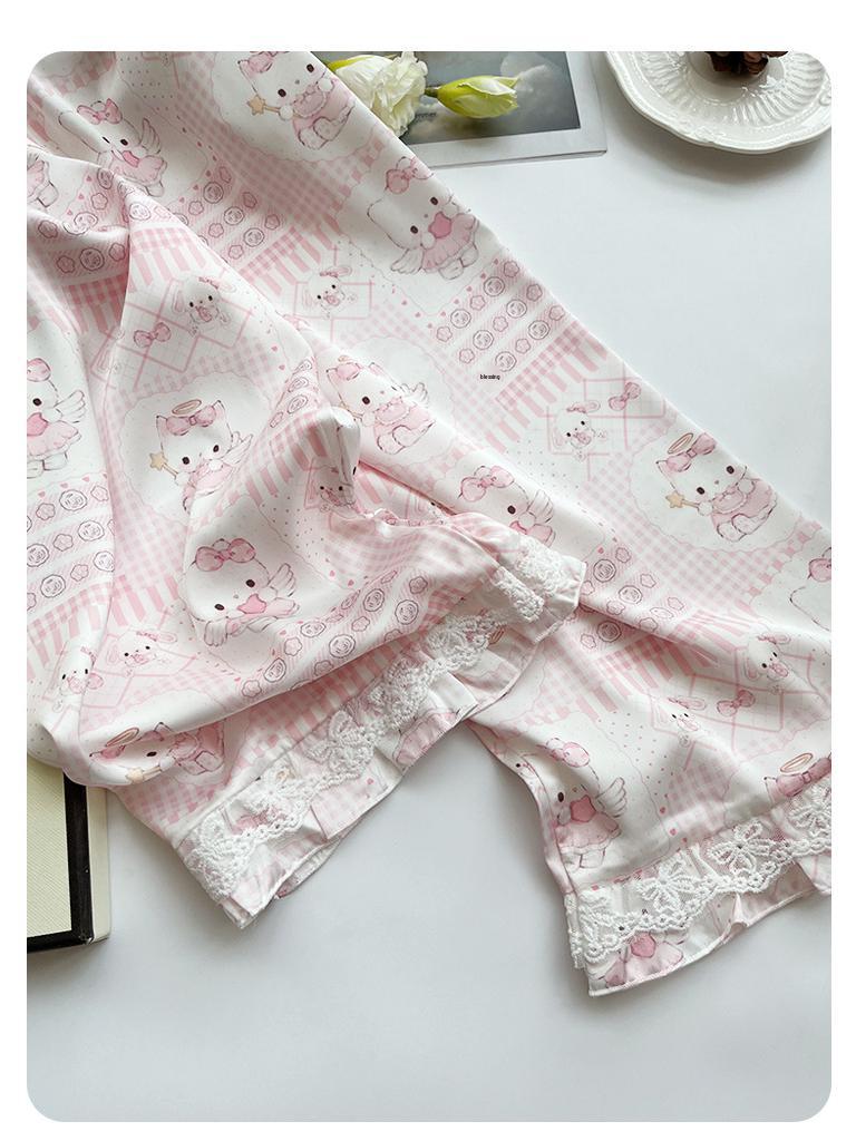 Moe-Style Sweet Pink Kitten Pajamas: Soft Silk, Long-Sleeved & Long Pants for Women - Spring & Autumn Collection