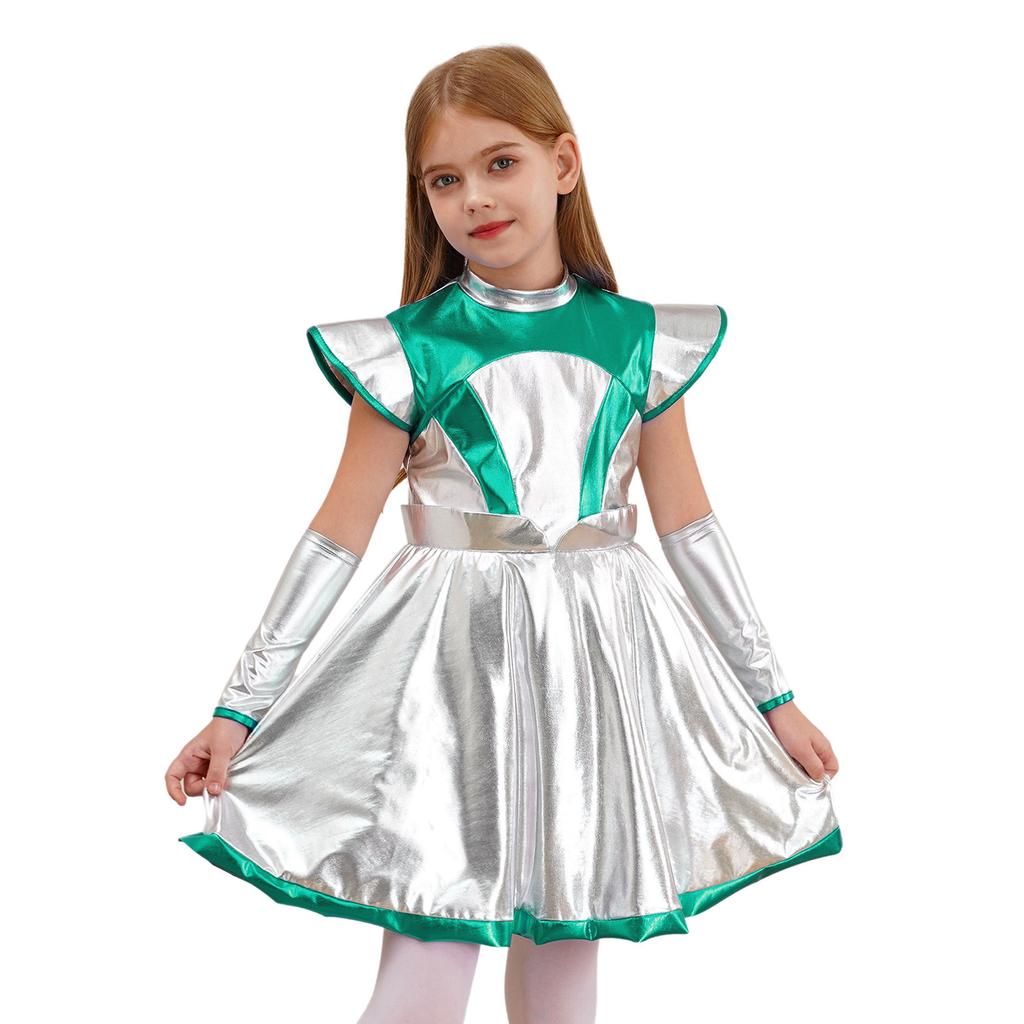 Girls Alien Cosplay Costume - Shimmering PU Patchwork Dress with Cap Sleeve & Arm Sleeve for Halloween Party