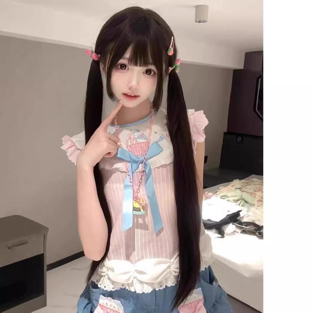 Парик JK Sweet Girl Lolita, натуральный черный, длина 85 см, с бакенбардами и прямой челкой