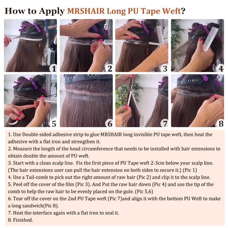 Tape In Weft Hair Extensions Human Hair PU Long Weft Tape In Hair Extensions Real Human Hair Silky Easy to Use Remy 12-20 inch
