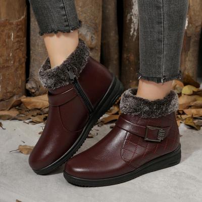 Ретро Металлическая Пряжка Украшение Пушистые Ботильоны Женские Зимние Мягкие Пу На Танкетке Ботинки на Боковой Молнии Комфорт Обувь для Мамы