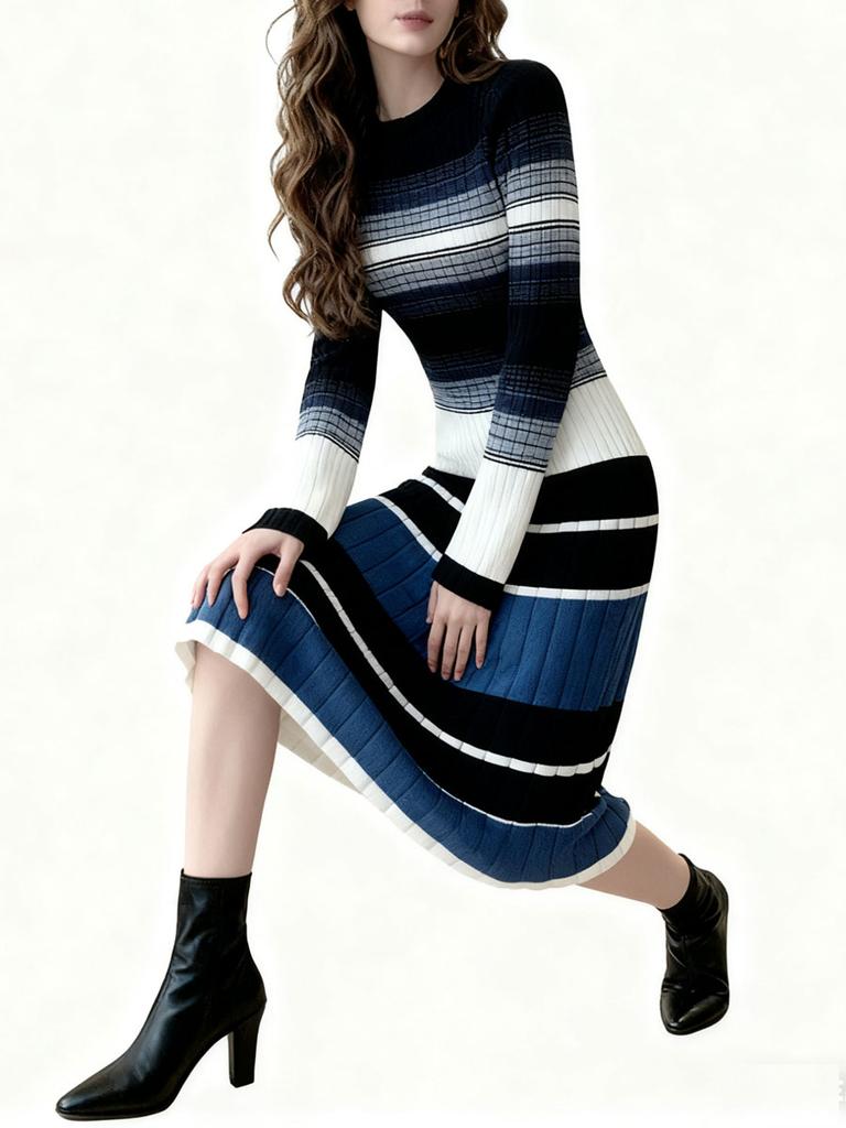 Женское винтажное полосатое вязаное платье-свитер, модное платье средней длины, осенне-зимняя теплая одежда