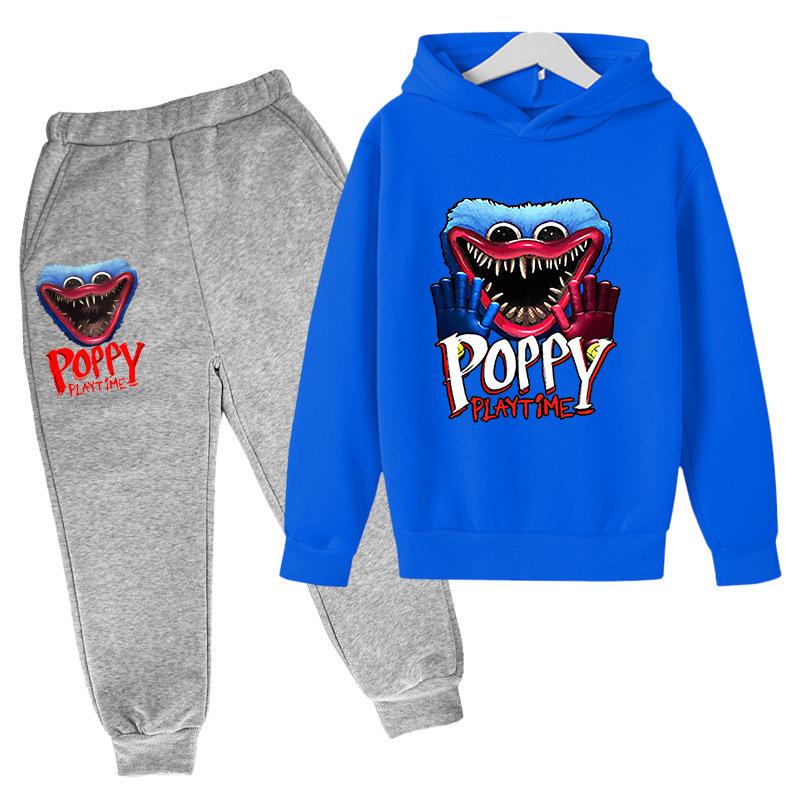Autumn Winter Poppy Playtime Huggy Wuggy Character Printed Hoodies Sweatpants Sets Casual Warm Sports Long Sleeved Pants Children's Boy Clothing Sets