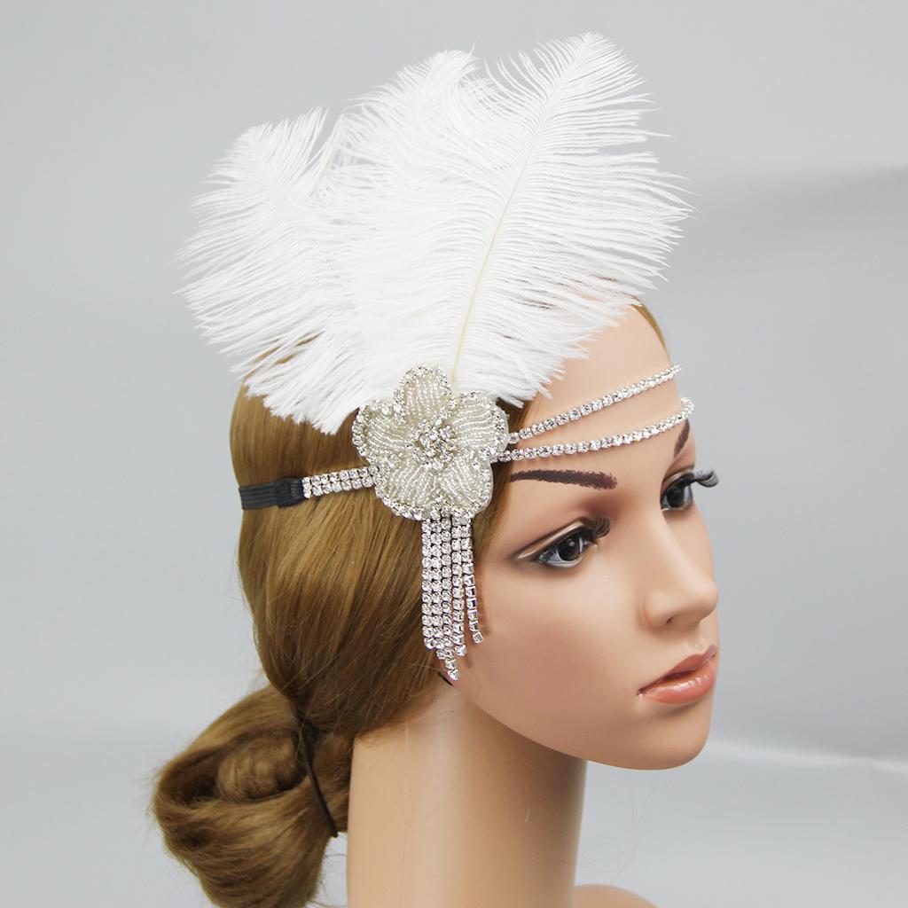 Винтажная бриллиантовая фронтальная повязка на голову, черная, 1920-е годы, белая повязка на голову с перьями и кисточками, свадебный, бальный, банкетный головной убор