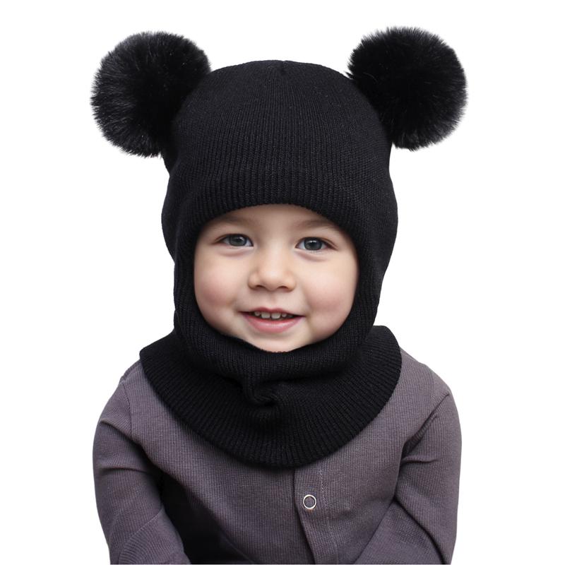 Pompom Baby Winter Hat Scarf One-piece Kids Knitted Beanie Warm Ears Neck Children Bonnet Infant Cap for Girls Boys 1-5Y