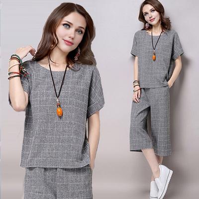 Женский клетчатый комплект из 2 предметов: повседневный комплект из топа с круглым вырезом, короткими рукавами, укороченными брюками и карманами, летний свободный комплект для отдыха