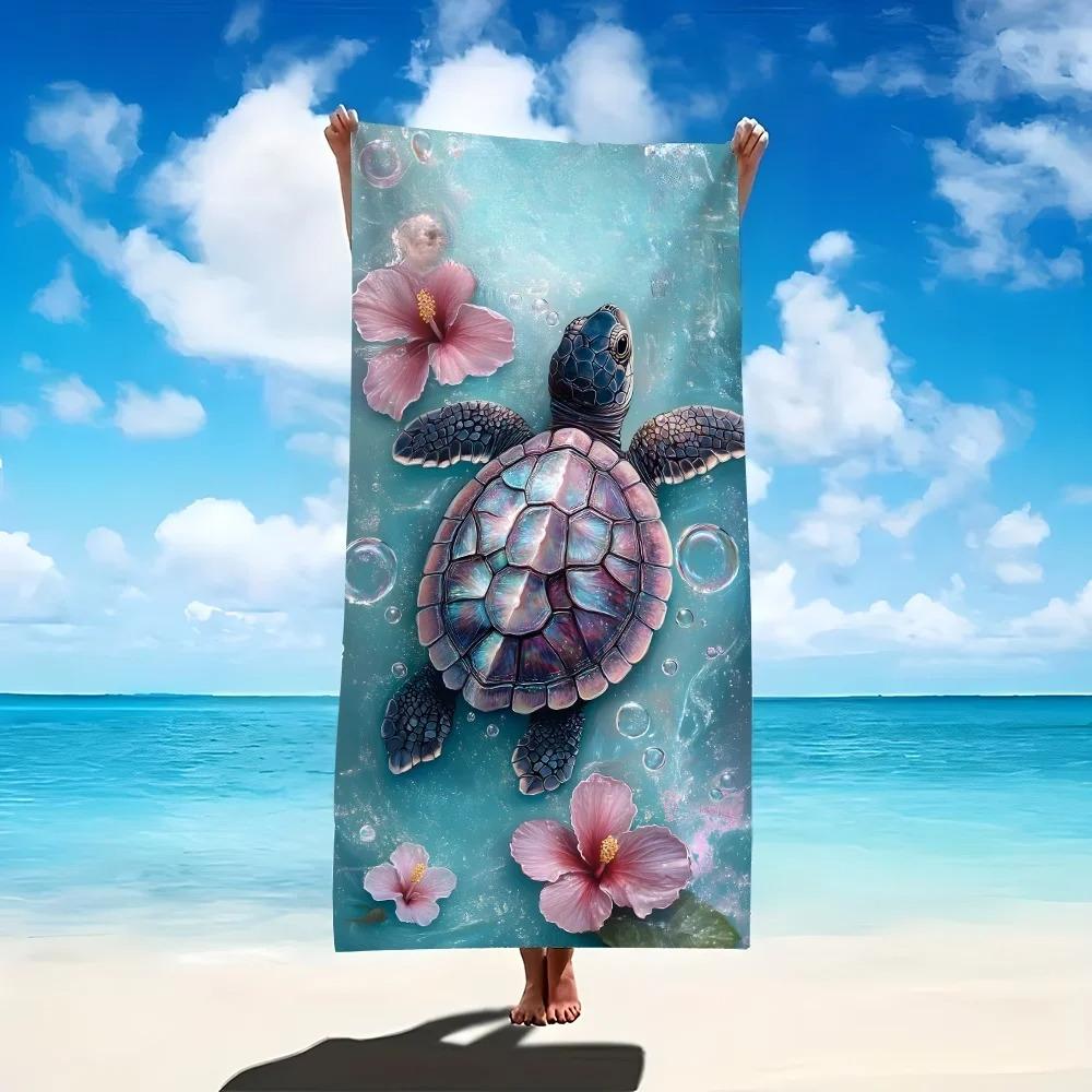 Sea Turtle Beach Towel Microfiber Towel Quick Dry Super Absorbent Anti Sand Hibiscus Pattern for Beach Towel